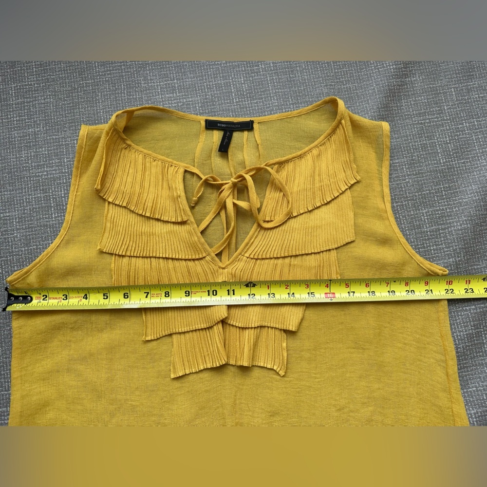 BCBGMAXAZRIA Sheer Yellow Ruffle Front Sleeveless Top – Size Large - Picture 7 of 9